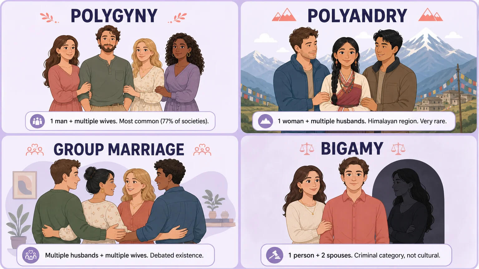 Four types of polygamy: polygyny, polyandry, group marriage, and bigamy in a comparison grid