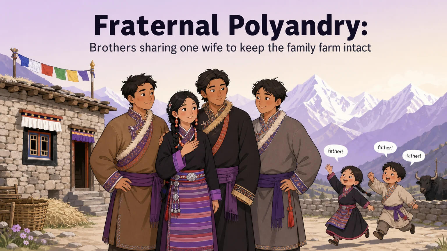 Warm scene of a Himalayan fraternal polyandry family — three brothers, one wife, and children outside a mountain home