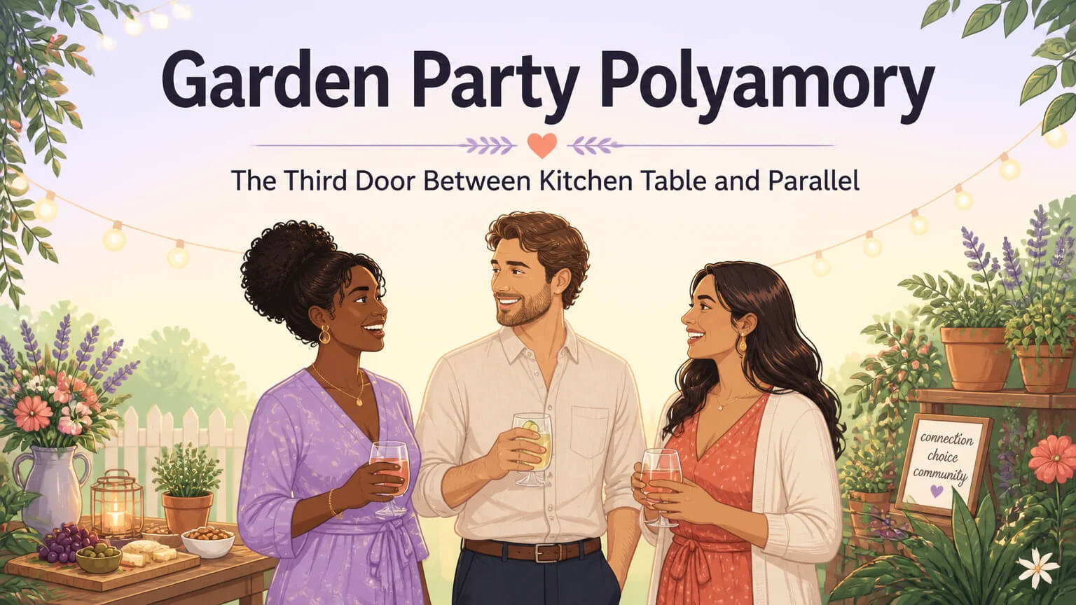Garden party polyamory cover illustration — three diverse characters at a warm outdoor garden party under string lights