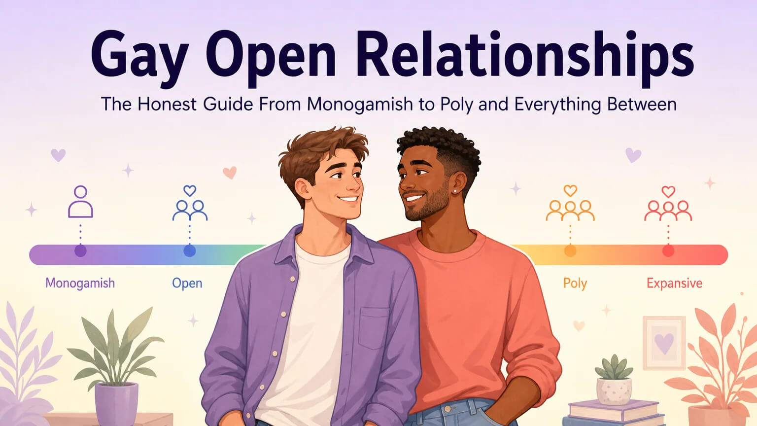 Gay Open Relationships cover image showing two men with a relationship spectrum gradient