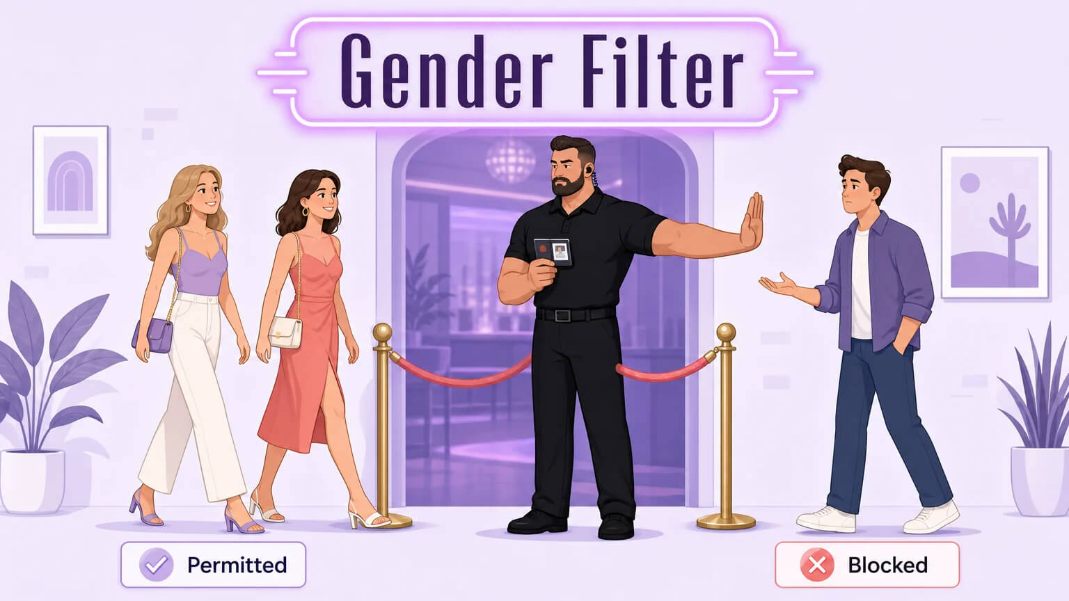 A velvet rope barrier with a bouncer checking IDs — some people are "Permitted" and others "Blocked," illustrating the gender filter at work