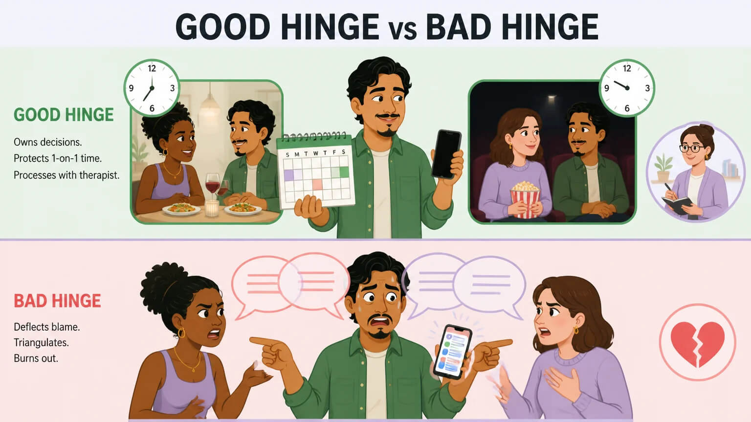 Side-by-side comparison of a good hinge (calm, organized, owns decisions) vs bad hinge (stressed, deflects blame, triangulates)