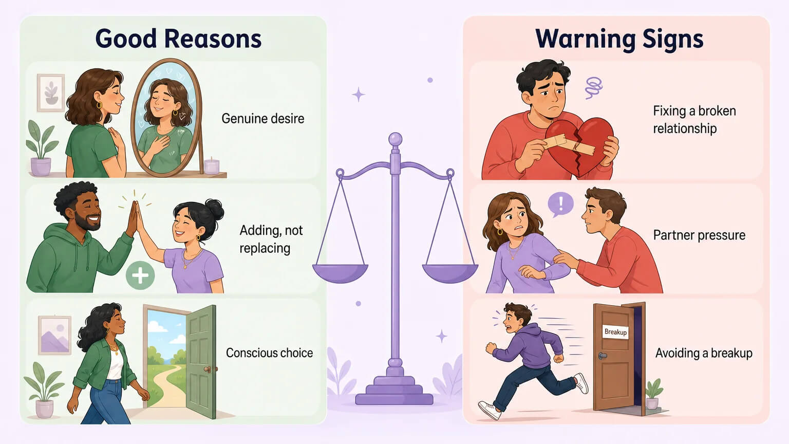 A two-column self-assessment layout: the left column labeled Good Reasons shows scenes of genuine desire and conscious choice, the right column labeled Warning Signs shows a cracked heart being taped together and someone being pulled by the arm