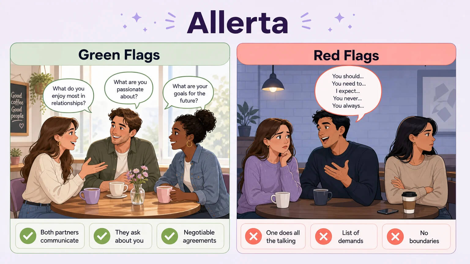 Side-by-side framework: Green flags (both partners communicate, they ask about you, negotiable agreements) versus Red flags (one does all the talking, list of demands, no boundaries)