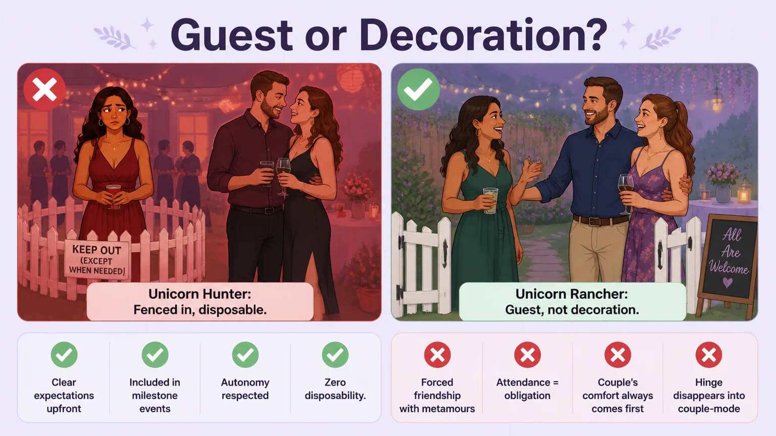 Guest or Decoration? — two panels contrasting unicorn hunter behavior (fenced in, disposable) with unicorn rancher behavior (respected, included), with green flags and red flags listed below