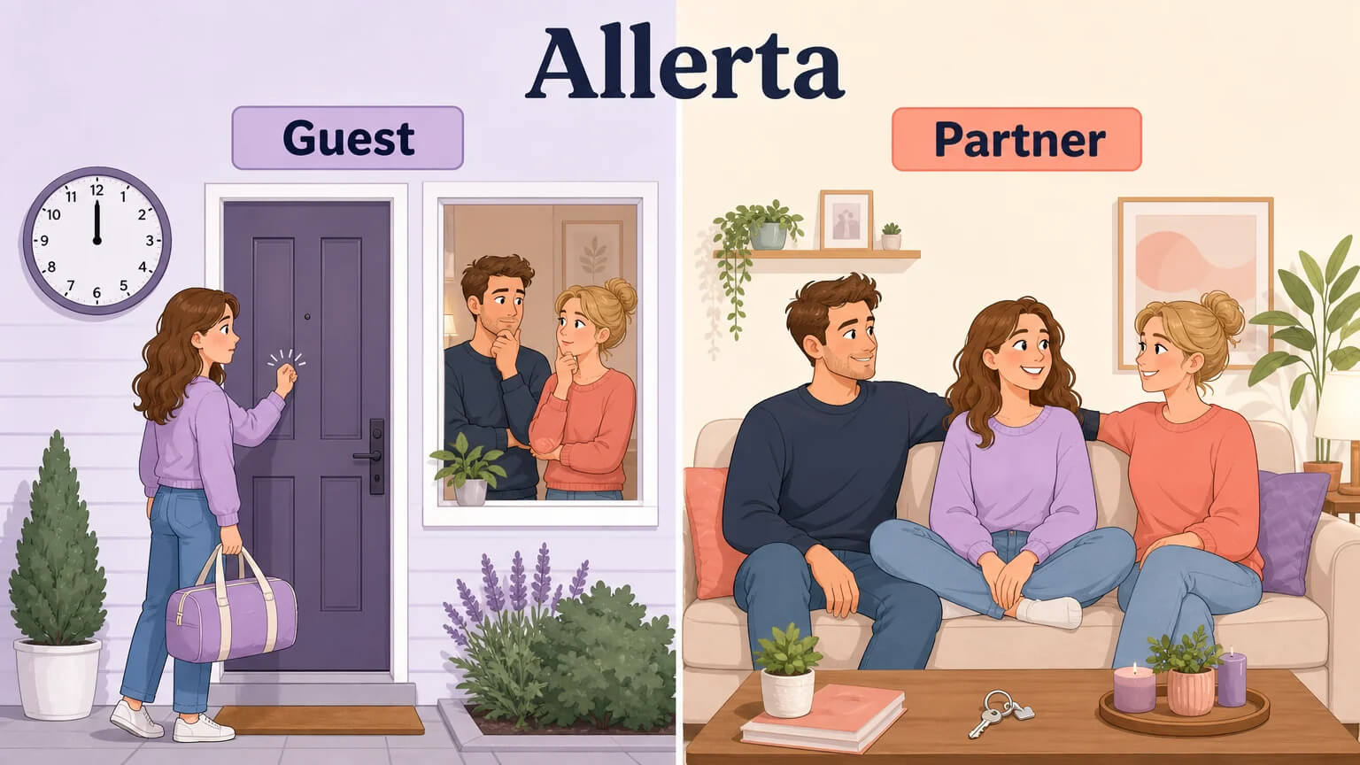 Side-by-side comparison: a "Guest" knocking at the door with a curfew clock, versus a "Partner" comfortably at home with a key on the table