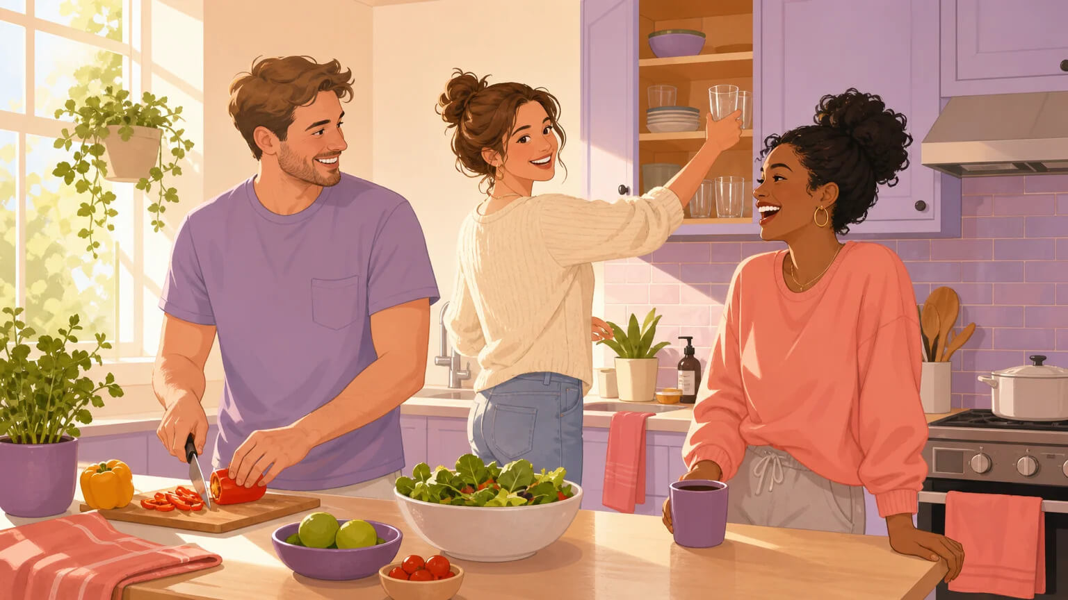 Three people in a sunlit kitchen cooking together. An everyday domestic moment in a healthy triad where no one is the guest