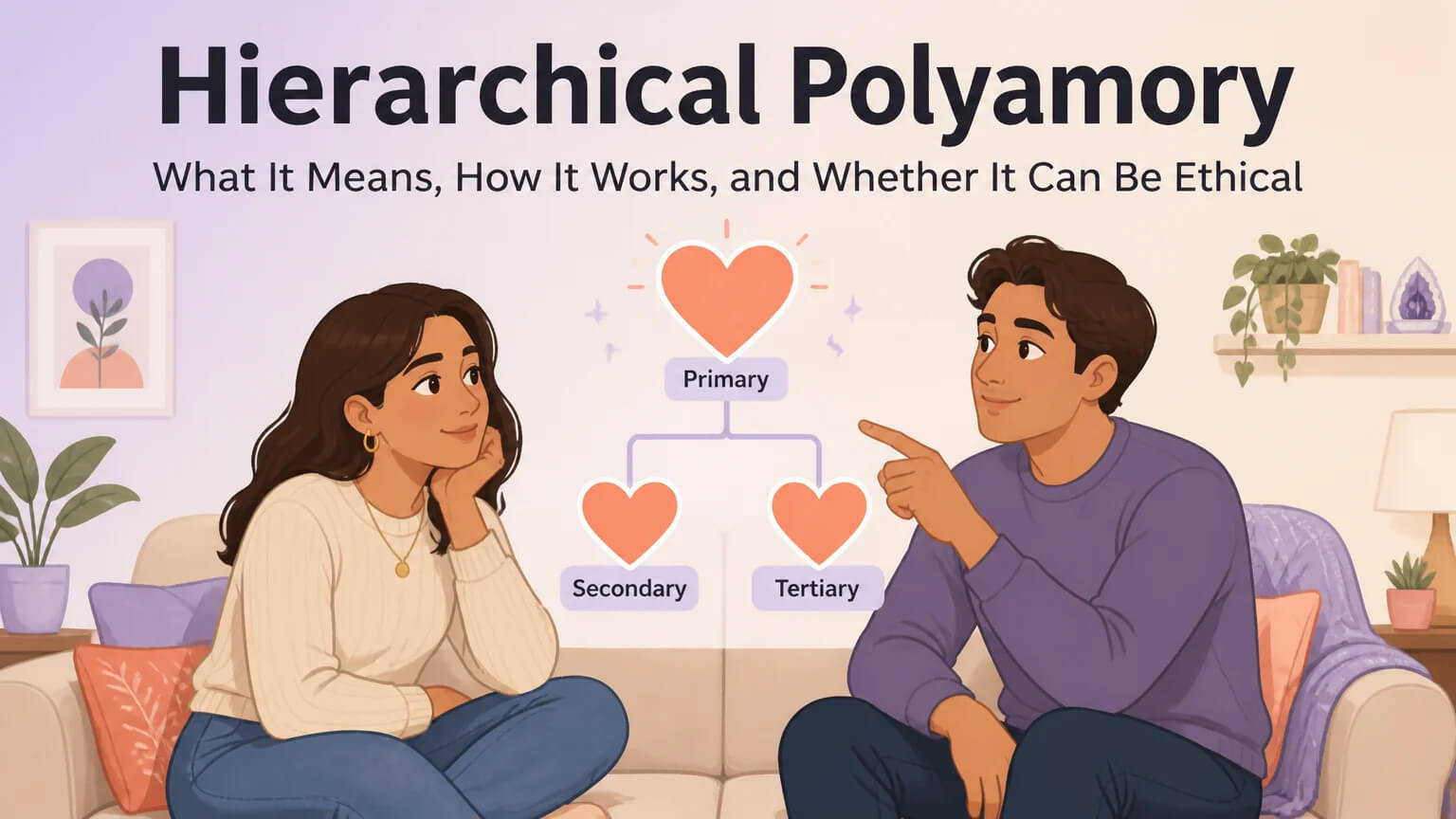 Hierarchical polyamory cover illustration showing a couple exploring relationship structure tiers
