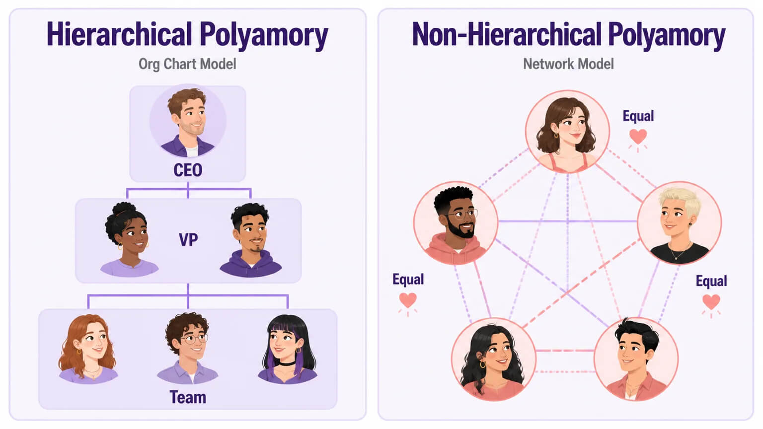 Hierarchical vs non-hierarchical polyamory — org chart model vs network model comparison