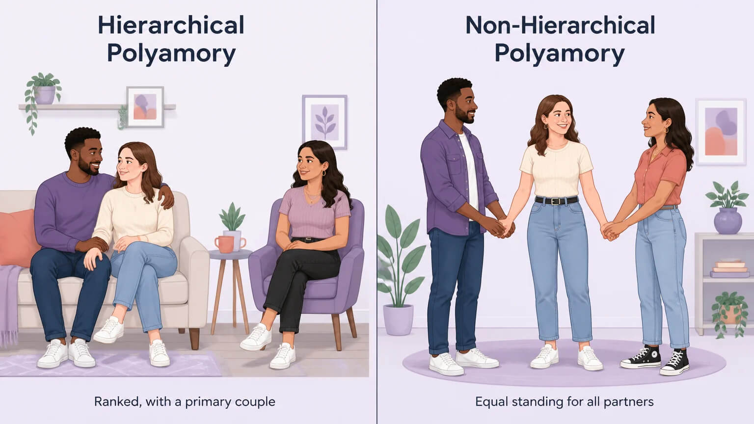 Side-by-side comparison of hierarchical versus non-hierarchical polyamory — ranked vs equal standing for all partners
