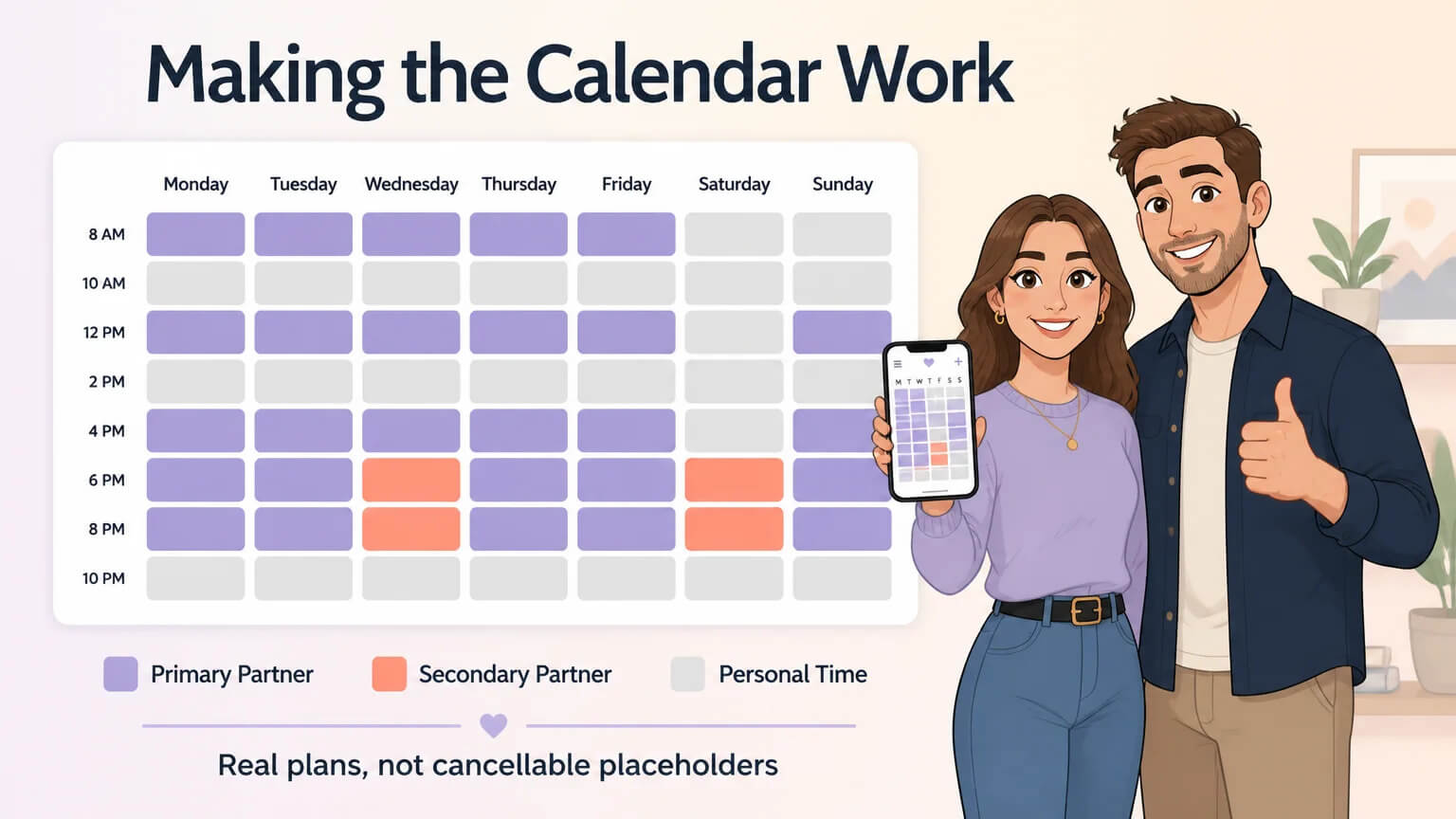 Weekly calendar showing color-coded time blocks for primary partner, secondary partner, and personal time