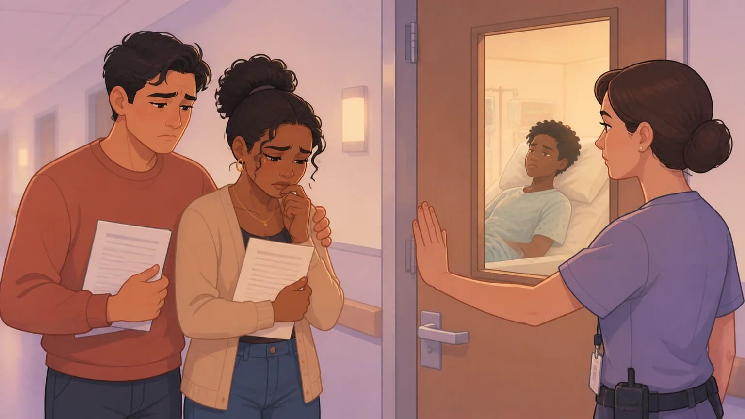Emotional hospital scene: two partners blocked at a hospital room door by a nurse, unable to visit their third partner visible through the window