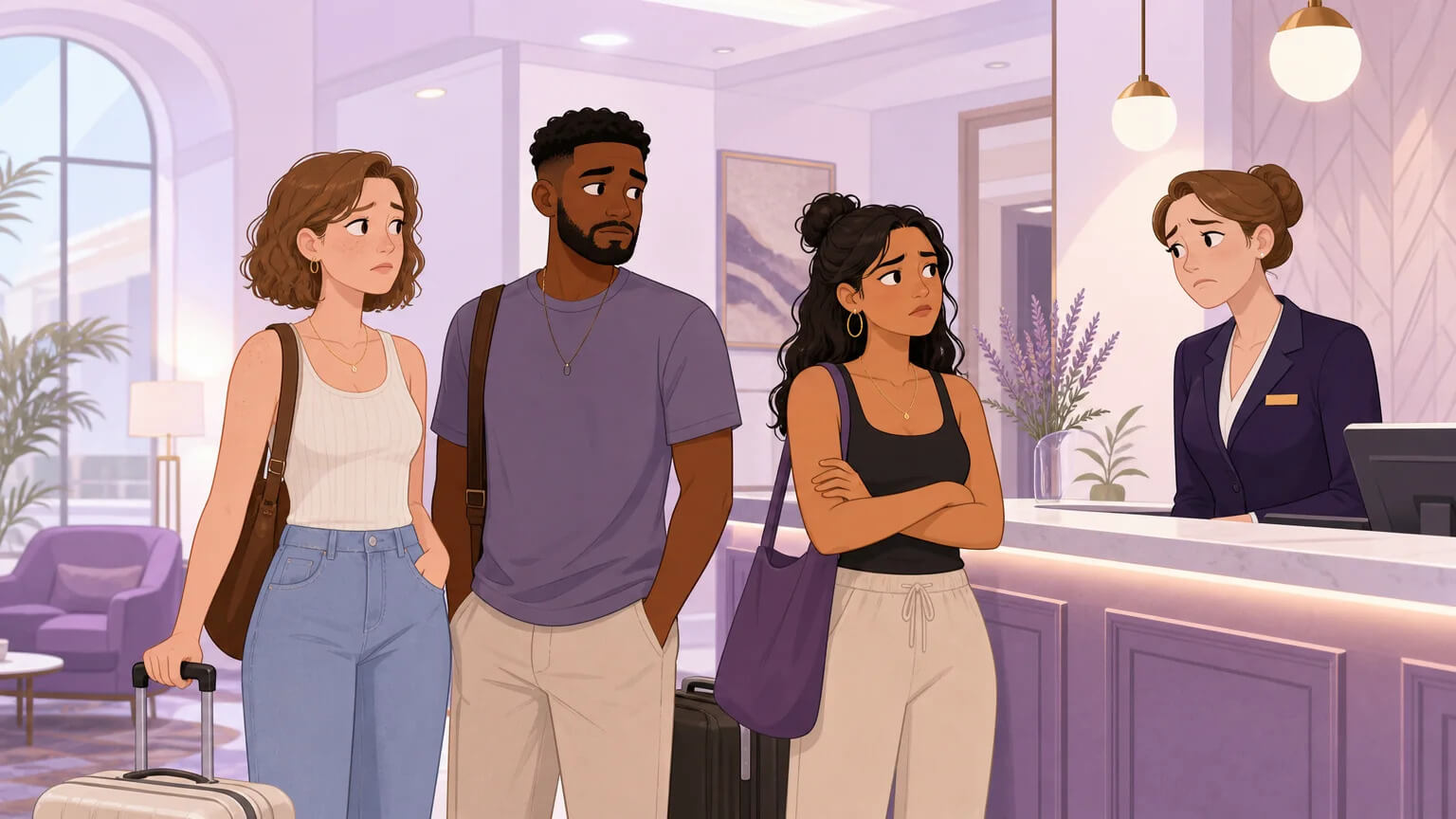 Three people at a hotel check-in desk encountering the awkward reality of a world designed for couples