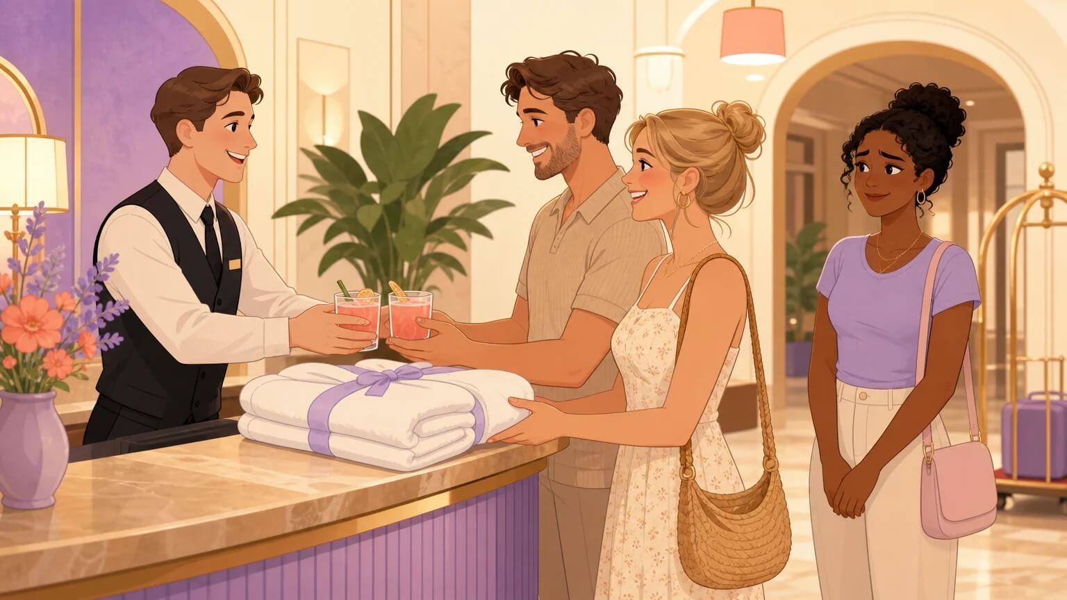 Hotel lobby scene — a clerk hands two welcome drinks to a couple while a third partner stands behind them, capturing the quiet friction of a world designed for two