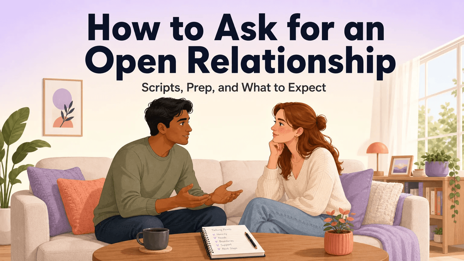 How to ask for an open relationship cover illustration showing a couple having an honest conversation on a couch