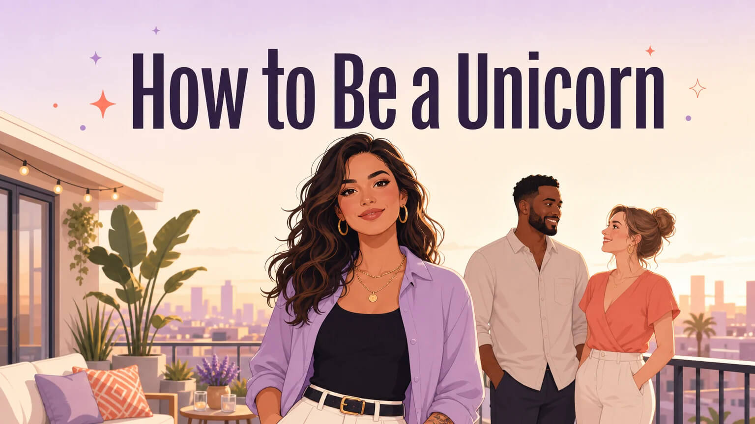 Cover illustration: A confident bisexual woman as the focal point, with a welcoming couple in the background on a chic balcony at golden hour