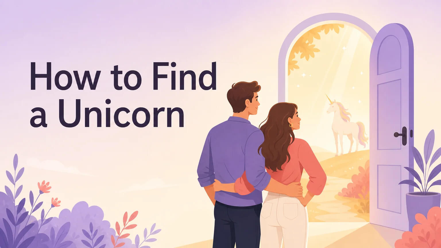 How to Find a Unicorn cover illustration — a couple standing before an open door with warm light