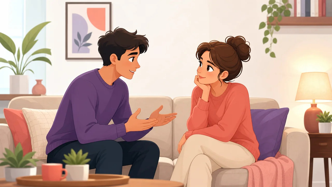 Two characters having an intimate conversation on a cozy couch