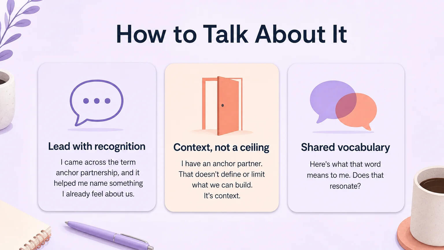Three conversation script cards: lead with recognition, context not a ceiling, and shared vocabulary