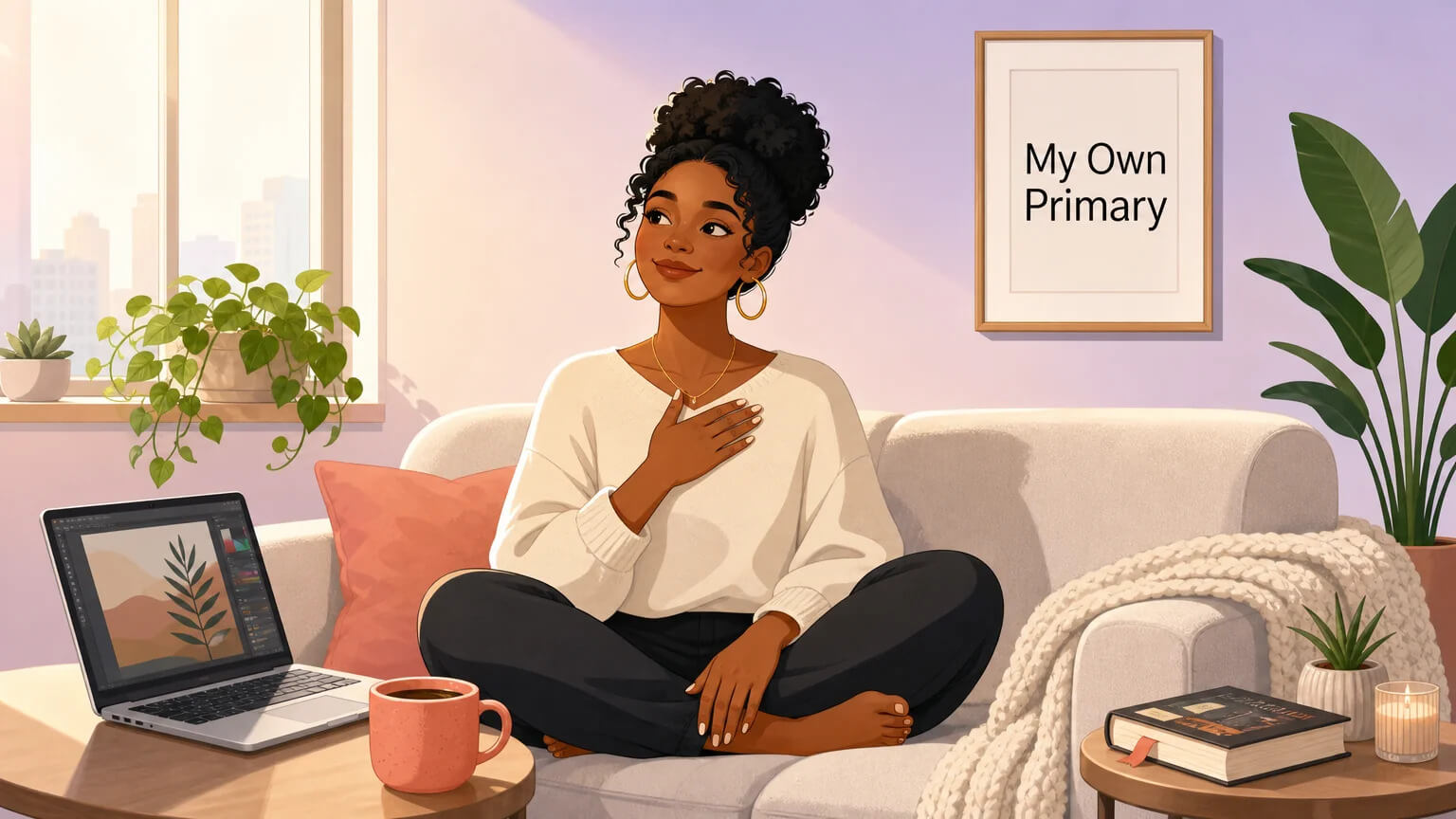 A single character sits cross-legged on a cozy sofa in a sun-filled apartment — a laptop, thriving plant, coffee mug, and a framed "My Own Primary" wall print around her — contentment radiating as a deliberate choice