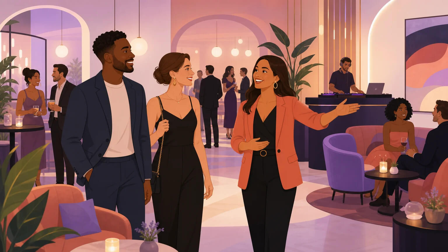 A couple being welcomed by a friendly host at an upscale lifestyle lounge — warm lighting, people socializing at high-top tables, sophisticated atmosphere