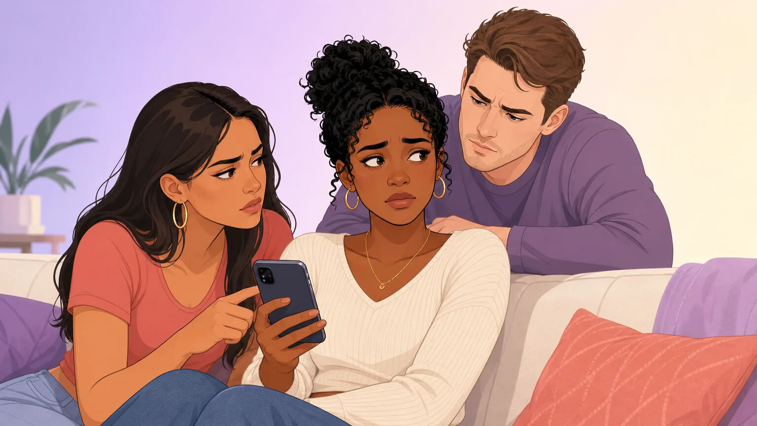 A tense moment — a woman shows her phone to one partner while the other leans in from behind, reading the private conversation without invitation
