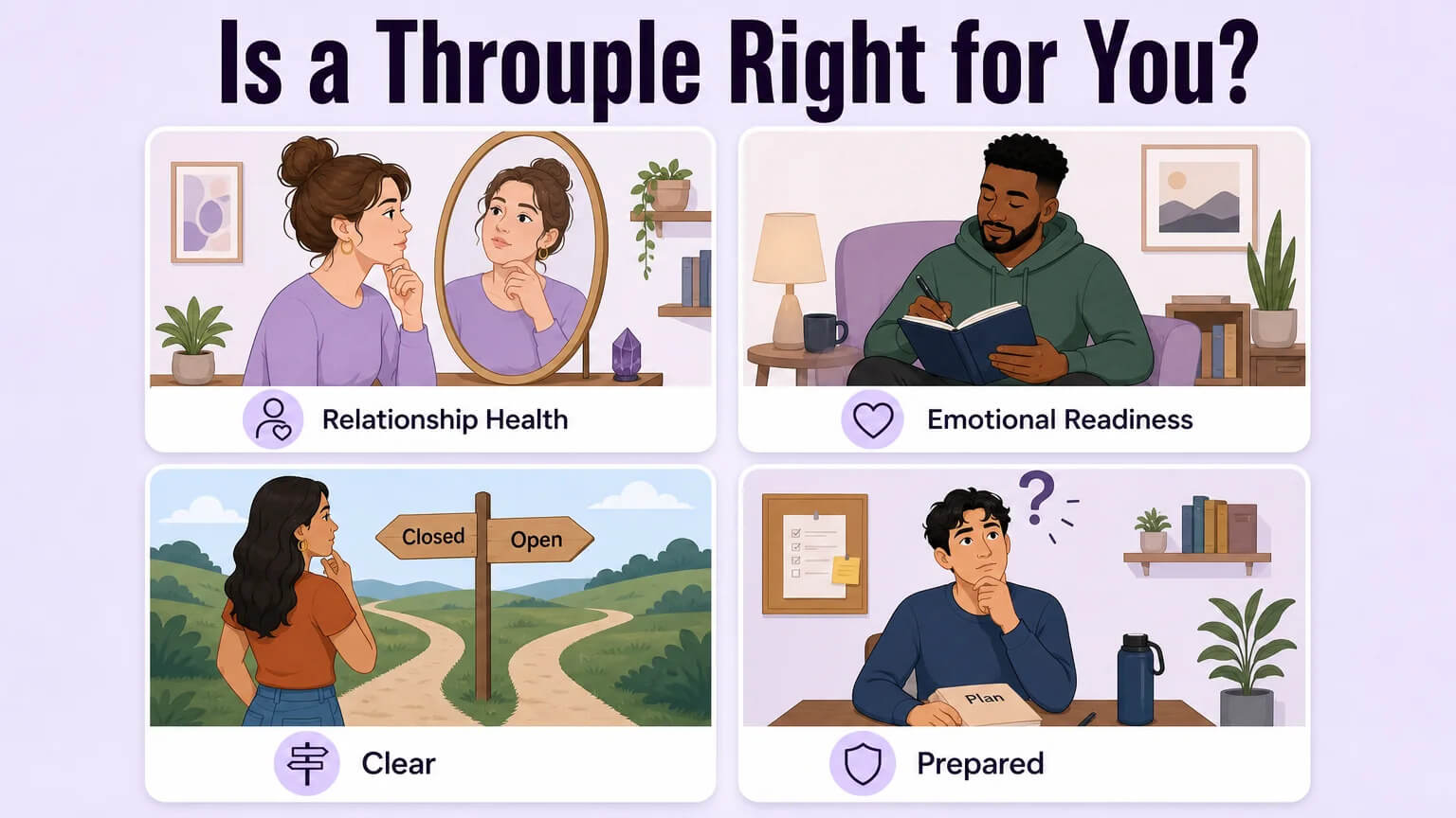 Self-assessment cards asking whether a throuple is the right choice