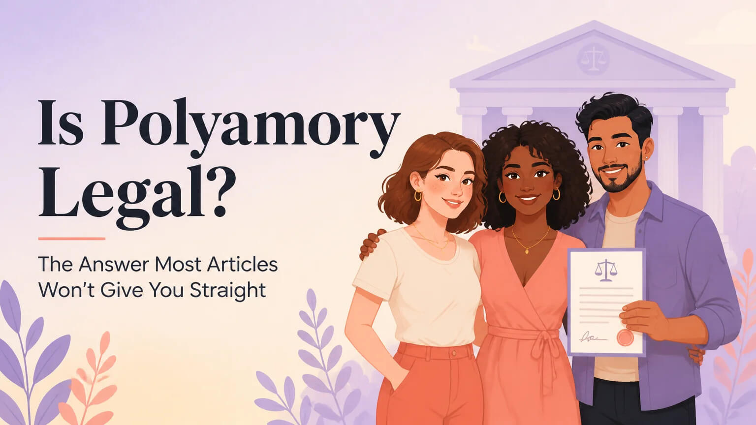 Article cover: three diverse characters standing together as a family, one holding legal documents, warm pastel illustration