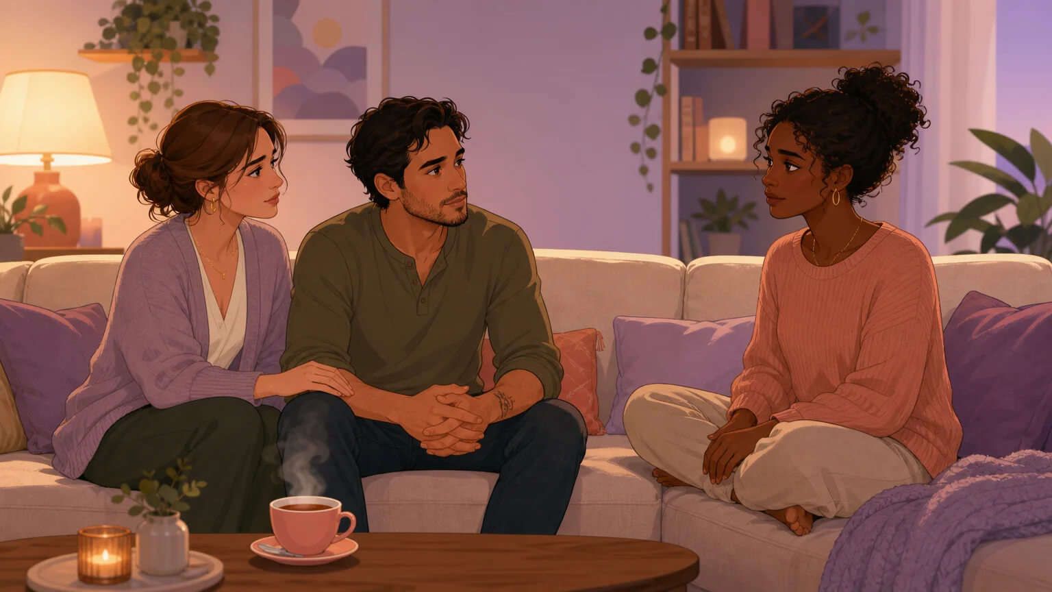 Three people in a warm evening living room, navigating complex emotions with tenderness and honesty