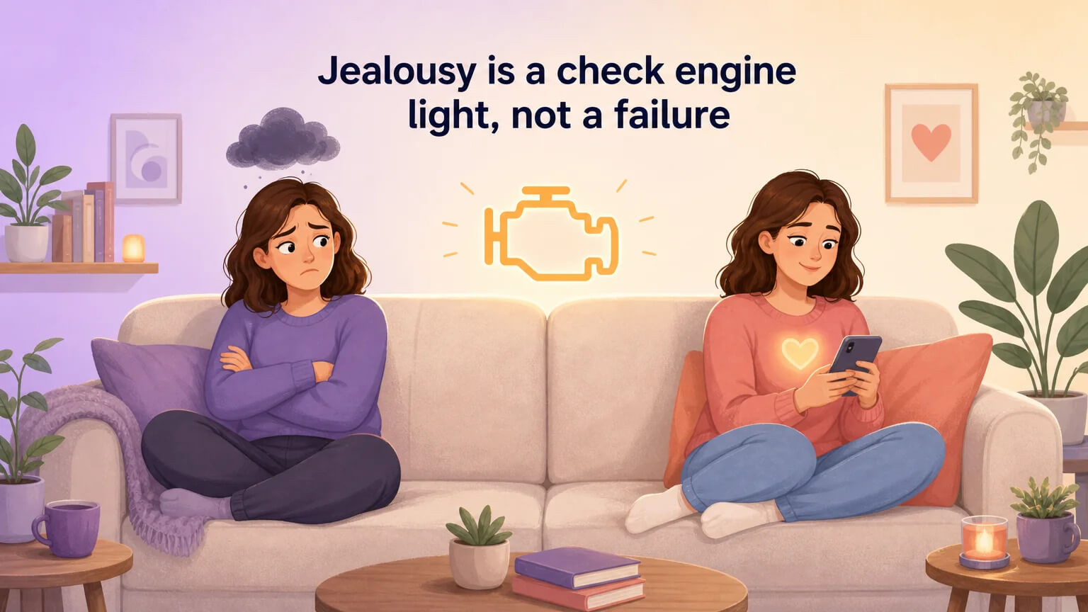 Jealousy and compersion sharing a living room couch — emotions coexisting in metamour relationships