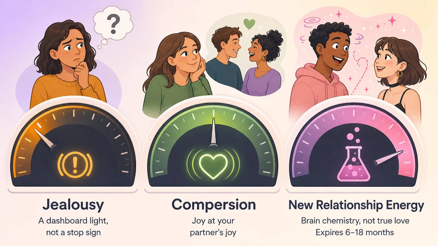 Emotional dashboard: jealousy as a warning light, compersion as joy, new relationship energy as temporary brain chemistry