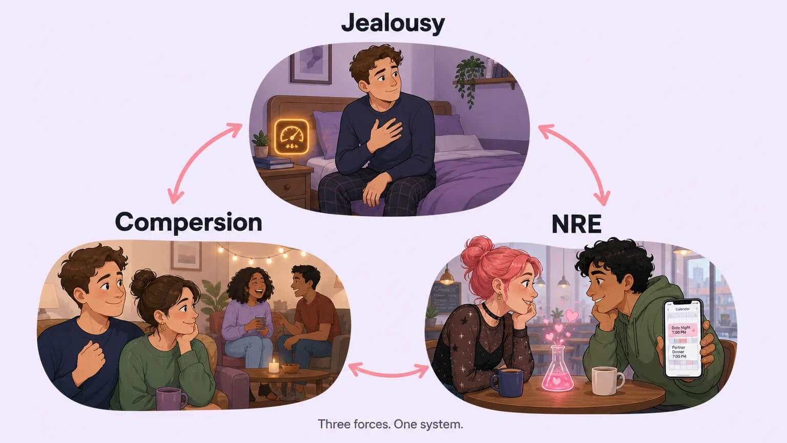 Three interconnected emotional forces: Jealousy (a character noticing a dashboard warning light), Compersion (warm joy watching a partner laugh with someone else), and NRE (the intoxicating new-relationship spark with a calendar reminder nearby)