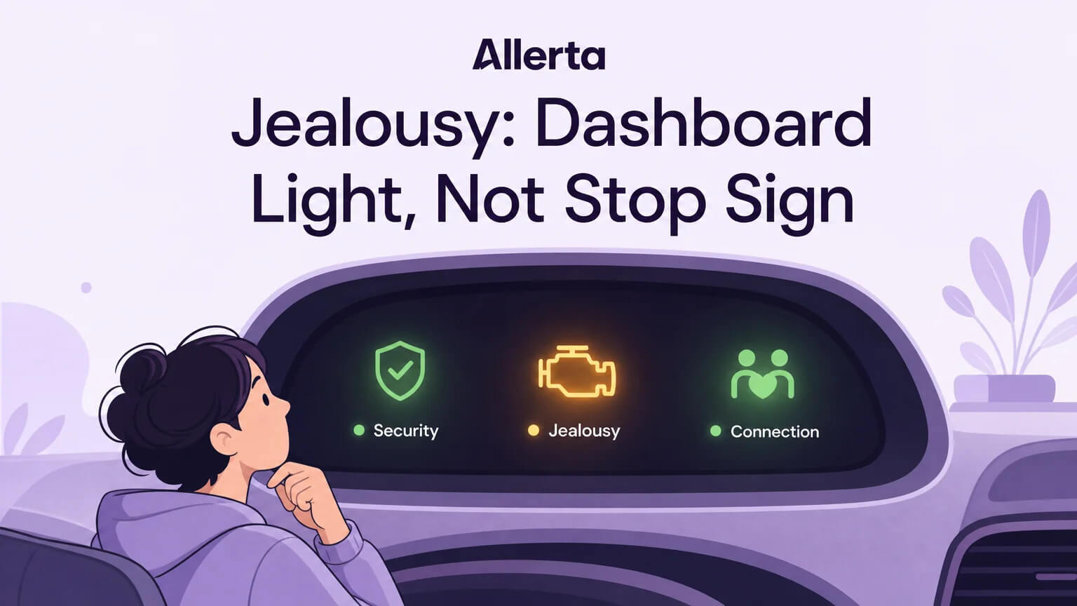 Elegant dashboard with glowing indicator lights — a green Security light, an amber Jealousy light, and a character checking in with curiosity