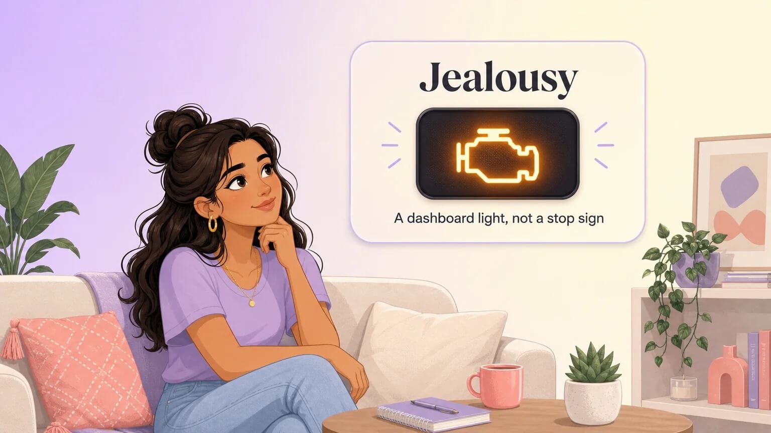 A person sitting calmly while a gentle dashboard-style indicator shows "Jealousy" as information to investigate, not a crisis