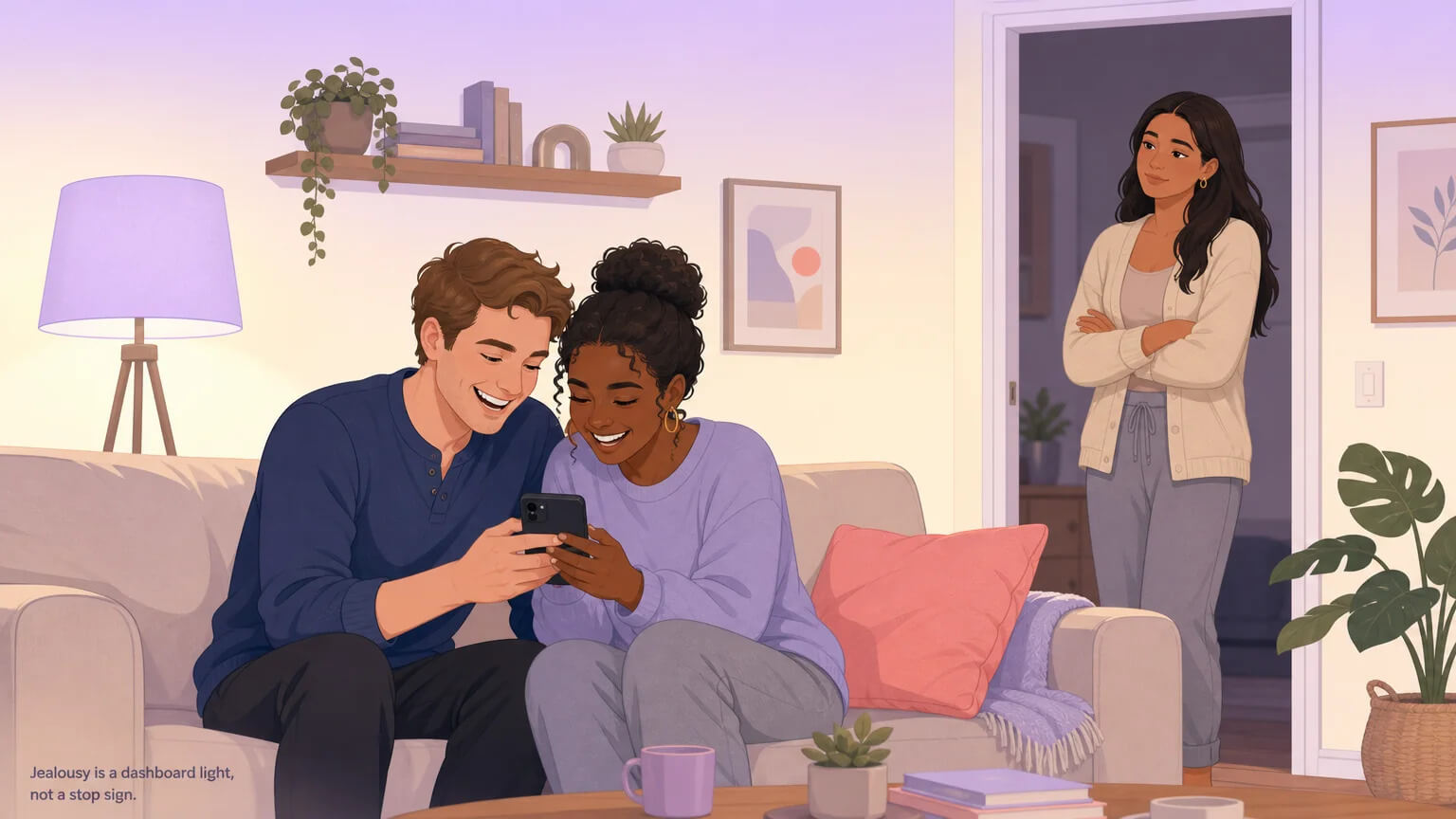 A quiet evening scene: two people close together on a couch while a third person stands in the doorway with a complicated expression — illustrating that jealousy is a dashboard light, not a stop sign