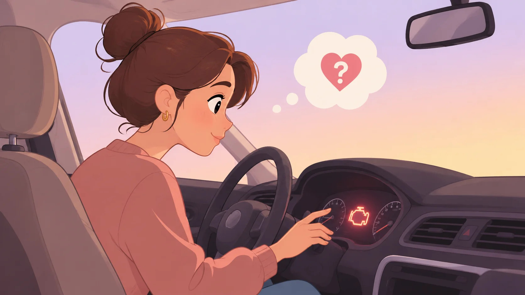 A character calmly investigating a check-engine light on a car dashboard