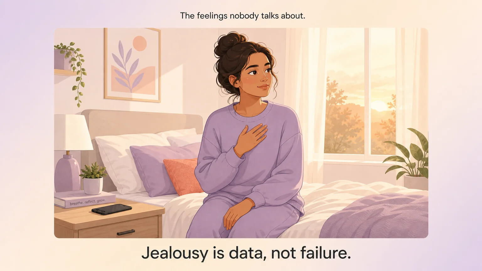 A woman sitting alone on the edge of a bed in golden-hour light, processing with quiet self-compassion — jealousy is data, not failure