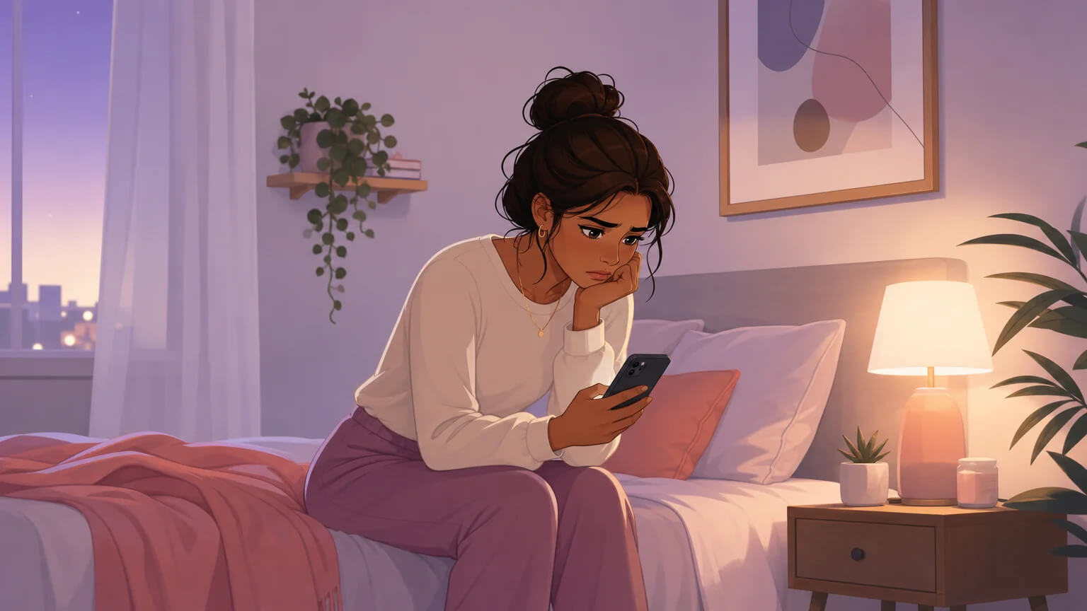 A woman sits on the edge of a bed at night holding her phone, capturing the late-night jealousy feeling