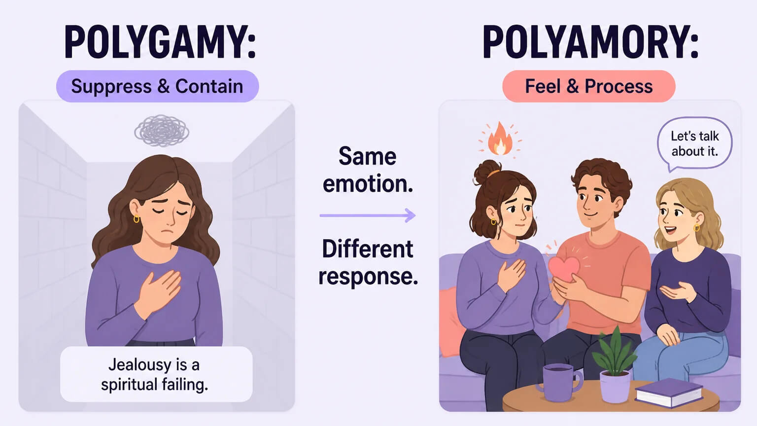 Two approaches to jealousy: Polygamy suppresses and contains vs Polyamory feels and processes with compersion