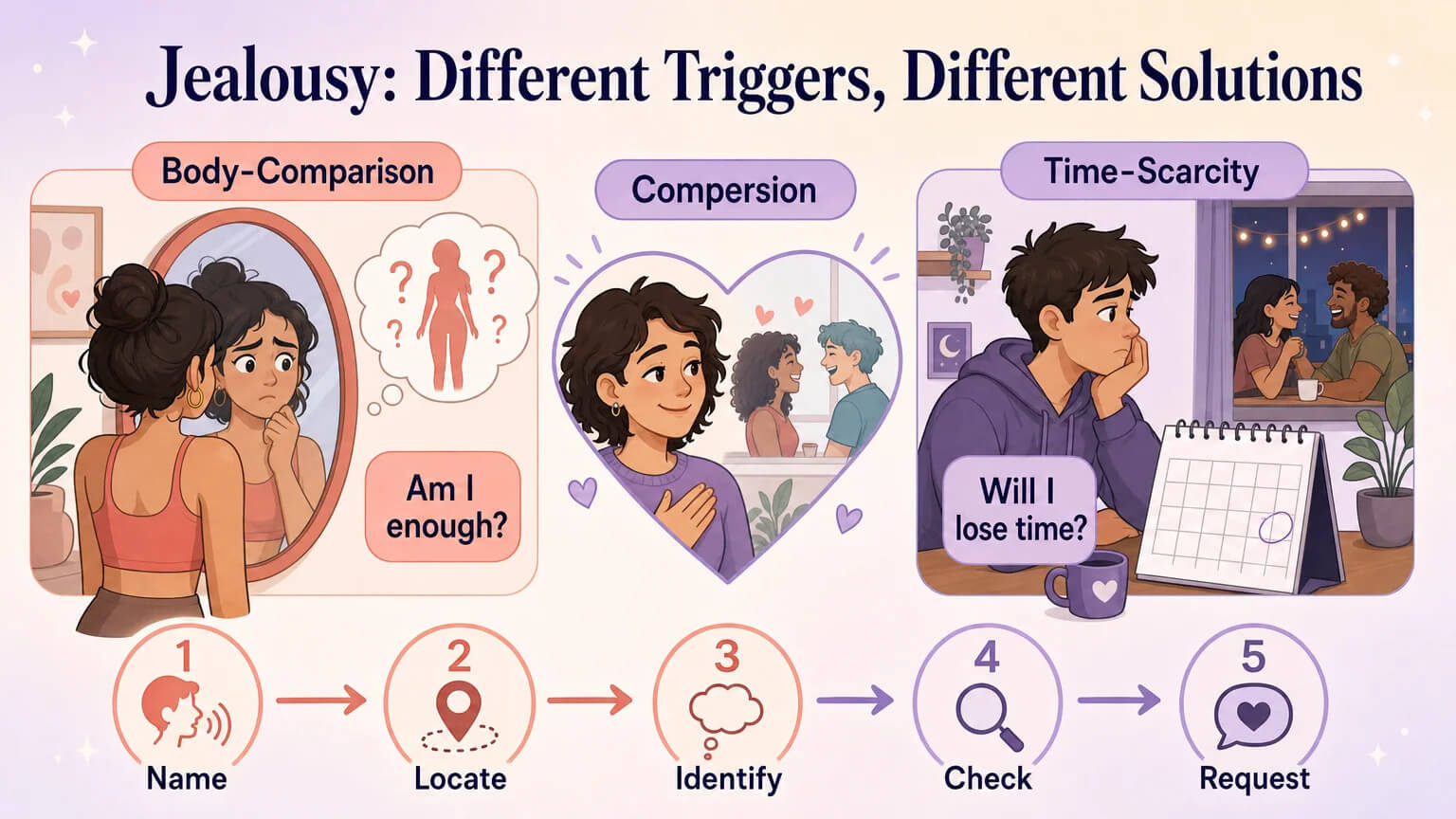 Jealousy triggers comparison — Body-Comparison Jealousy on left, Time-Scarcity Jealousy on right, Compersion heart in center, 5-step management process below