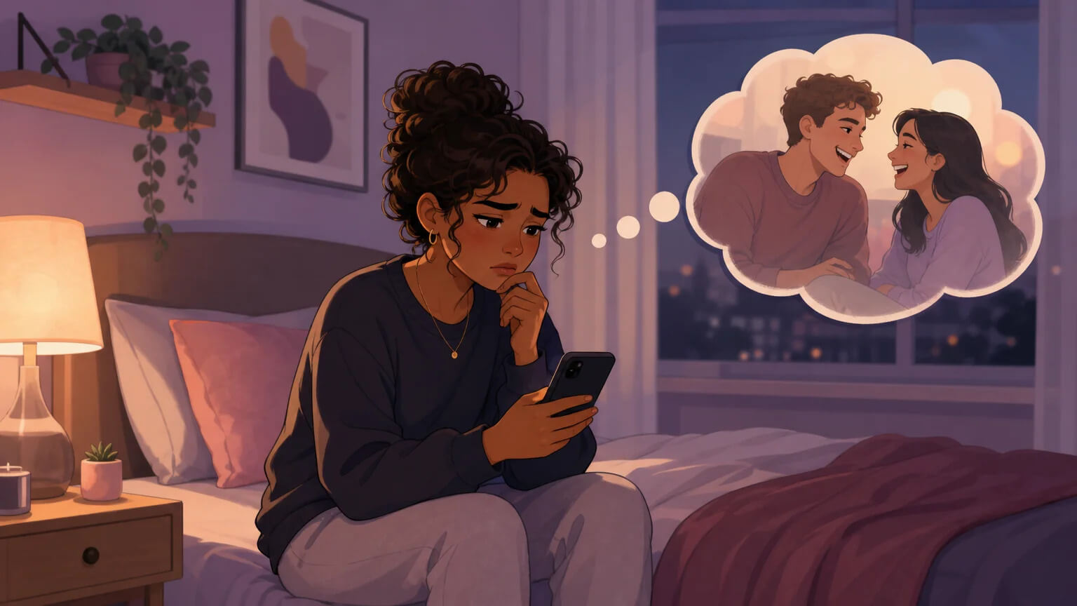 A person alone on the edge of a bed in warm lamplight, looking at their phone with conflicted emotion — the internal moment of jealousy before acting on it