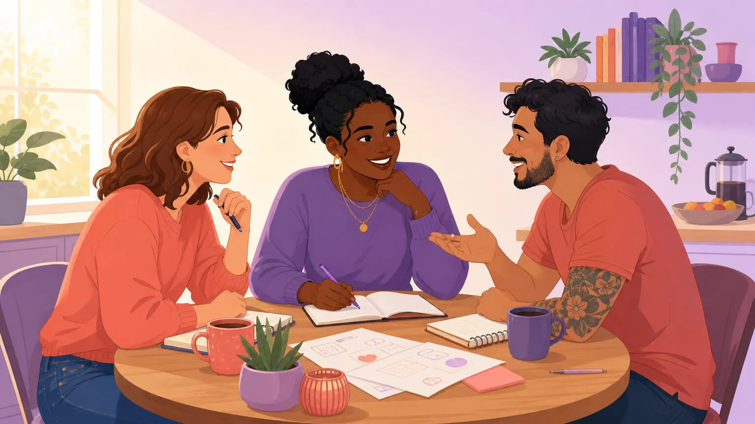 Three people sitting around a kitchen table with coffee, planning together as equals — the green flag version of joining a couple