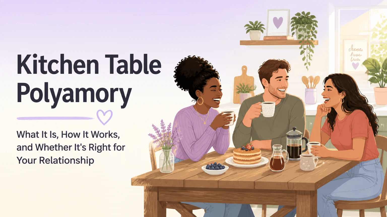 Kitchen table polyamory cover illustration showing diverse characters sharing a warm meal around a farmhouse table