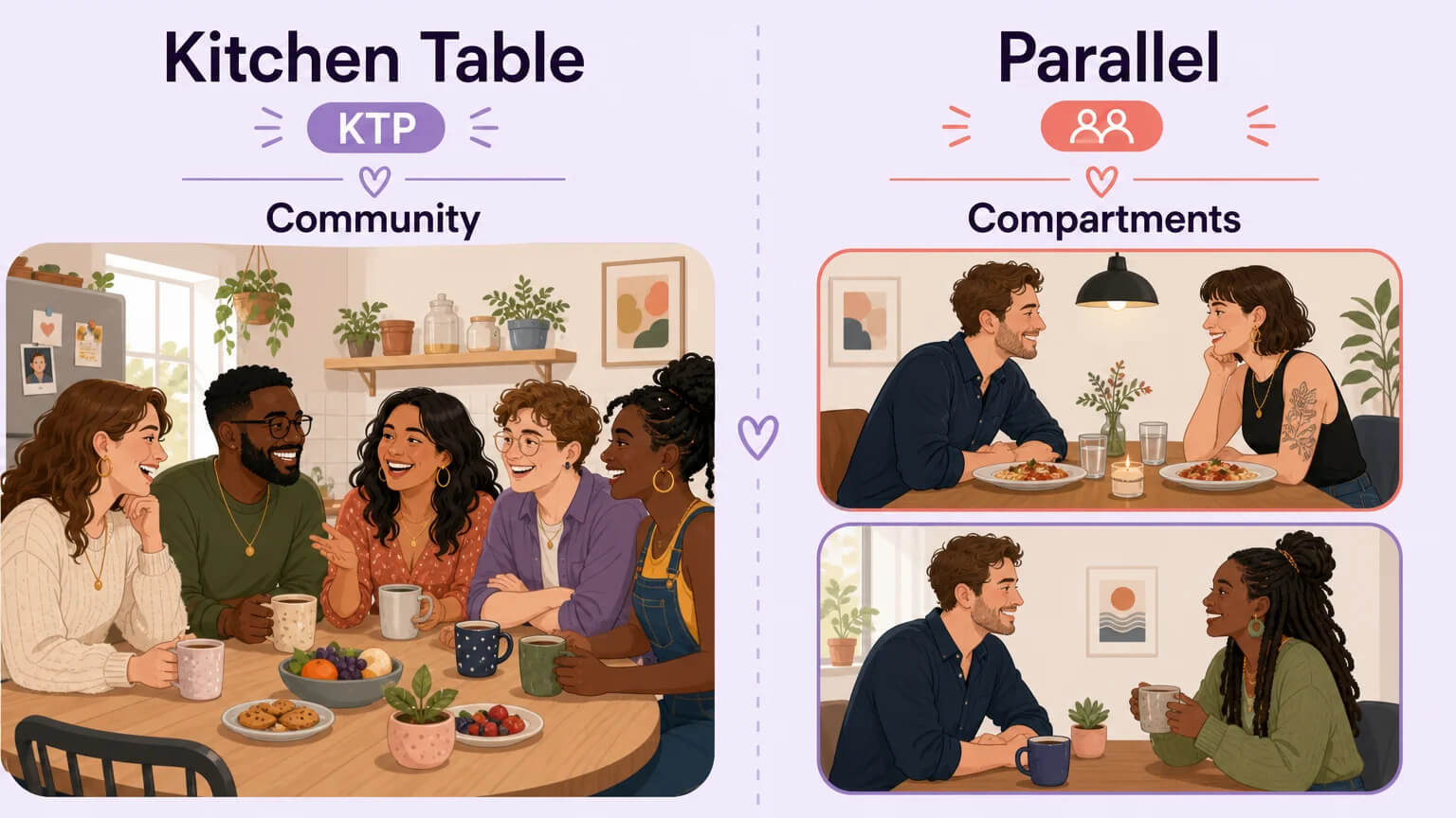 Side-by-side comparison: Kitchen Table Polyamory with a warm diverse polycule sharing brunch vs. Parallel Polyamory with relationships in separate clean compartments