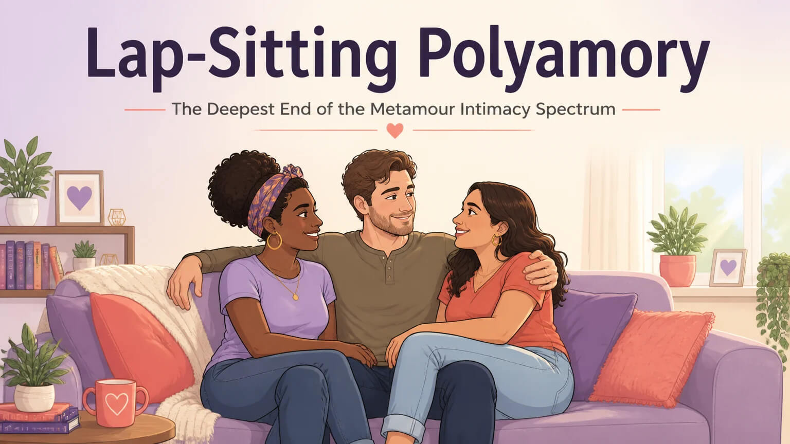 Lap-sitting polyamory cover illustration showing three people sitting closely together on a cozy couch in a bright living room, representing deep metamour connection