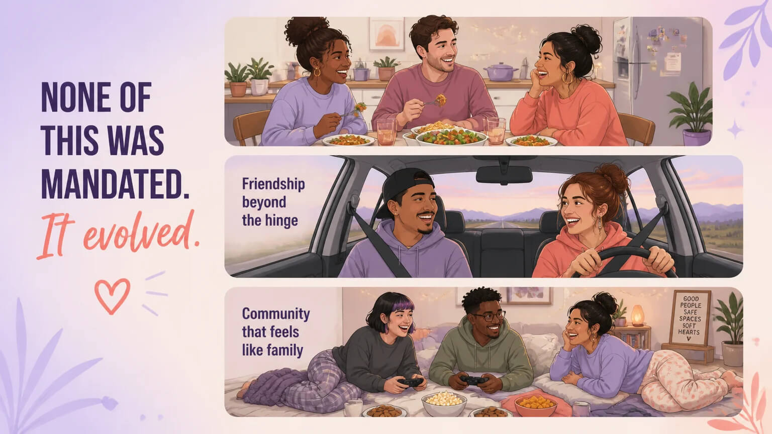 Three warm domestic scenes showing real lap-sitting polyamory: a shared dinner, a road trip between metamours, and a community sleepover