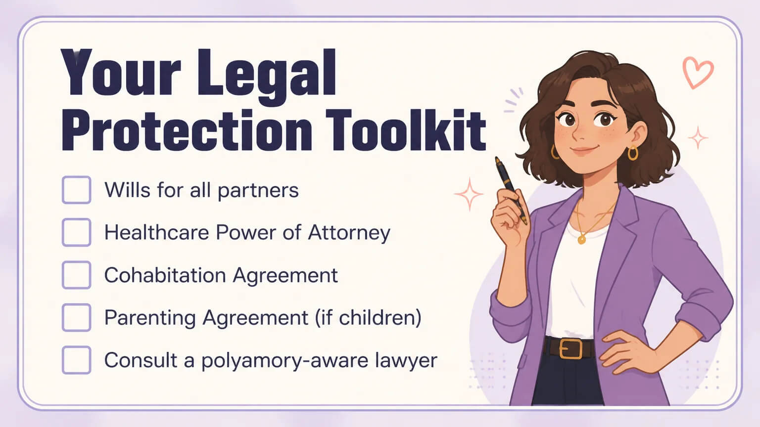 Checklist card: Your Legal Protection Toolkit with five items — wills, healthcare POA, cohabitation agreement, parenting agreement, consult a lawyer