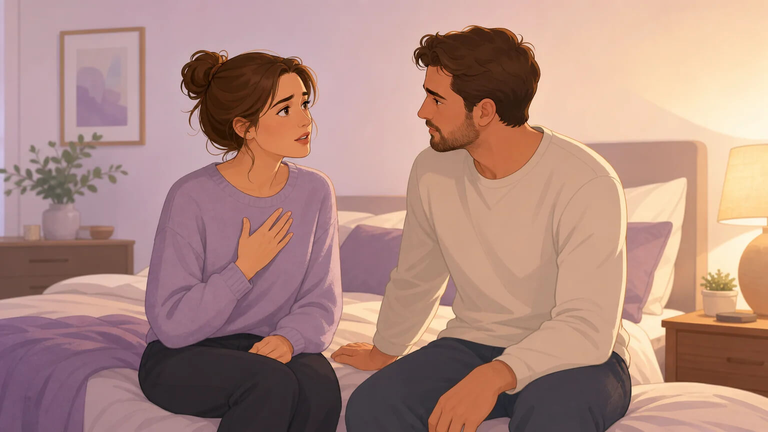 Couple having an honest conversation about jealousy, sitting on the edge of a bed