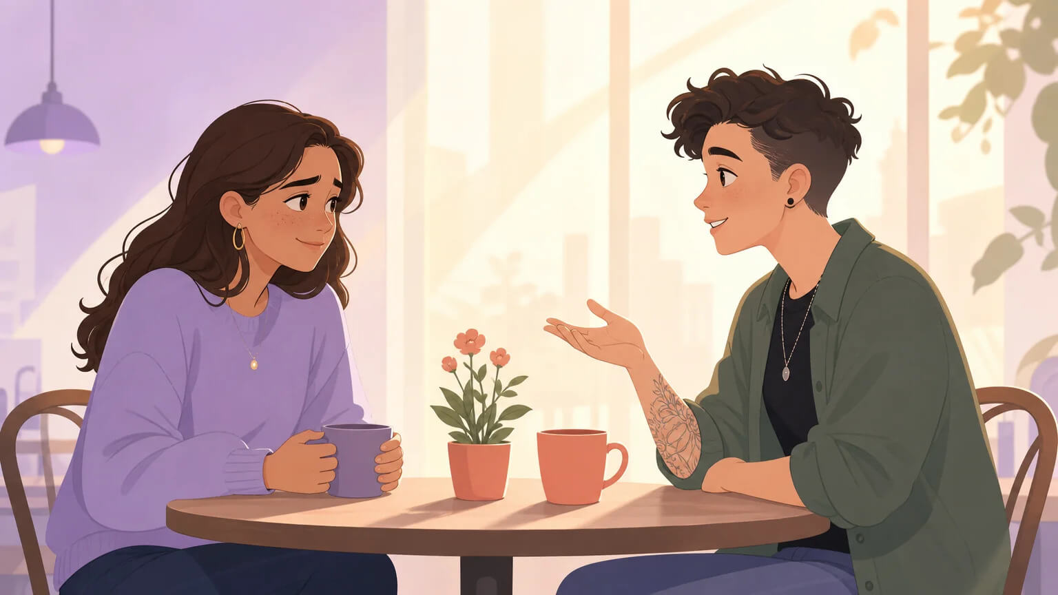 Two metamours meeting for coffee at a small cafe table — slightly nervous, warm, building something of their own over two cups and a small plant between them
