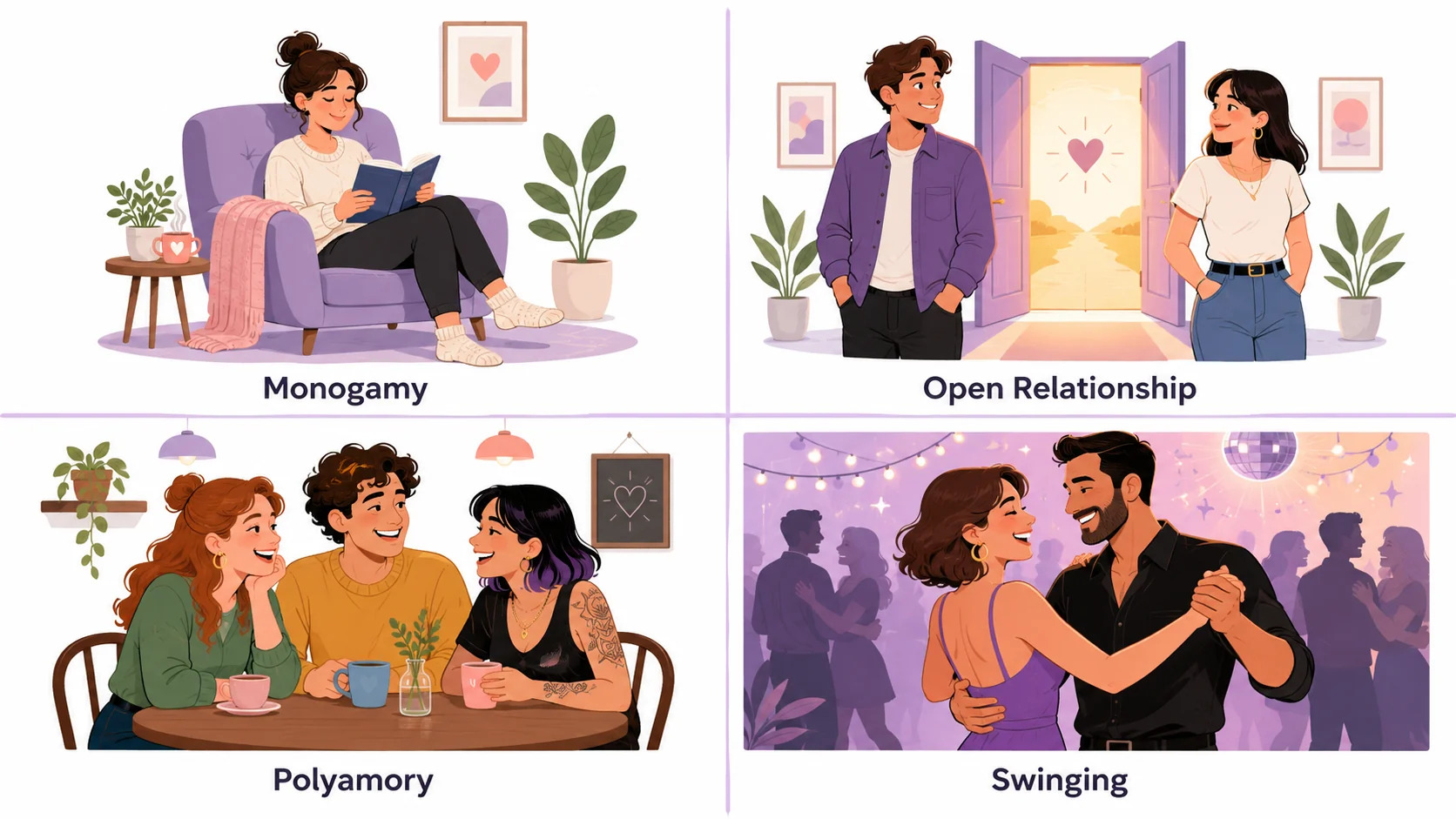 Monogamy vs Open Relationship vs Polyamory vs Swinging